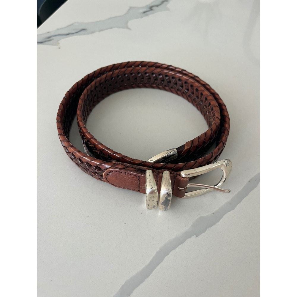 Vintage Y2K Fossil Braided Brown Leather Belt Silver Buckle Western Boho Size 32